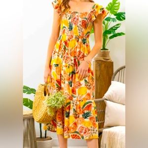 Smocked fruit print midi dress